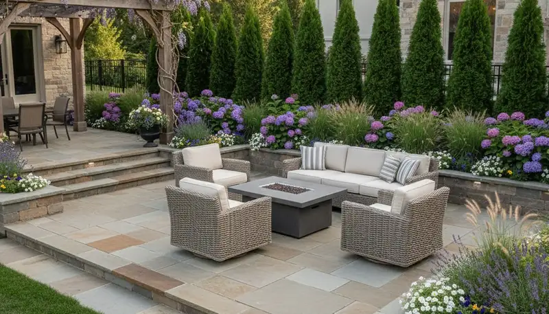 Backyard patio landscaping with seating and lighting by Chop Chop Landscaping in Bellevue, NE