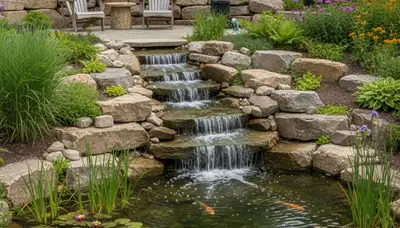 Custom natural stone backyard water feature landscaping in Carter Lake, IA by Bellevue NE experts