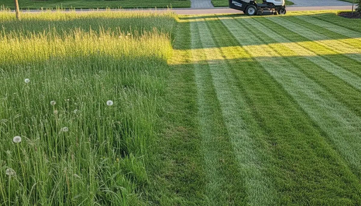 Before and after professional lawn mowing showing lush green yard transformation in Bellevue, NE