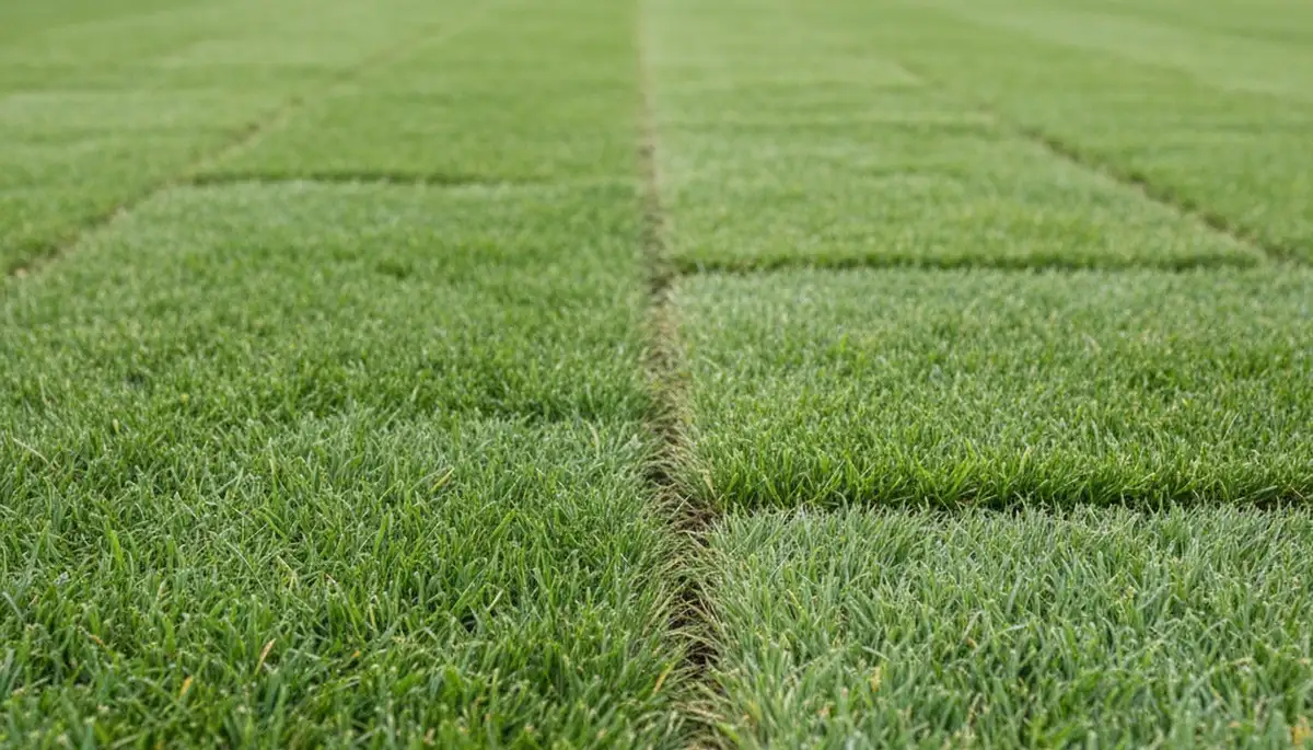 Close-up of seamless sod installation showing tight sod seams by professional landscapers in Bellevue, NE