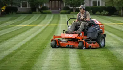 Commercial mower creating precise lawn striping patterns in Bellevue, NE by Chop Chop Landscaping