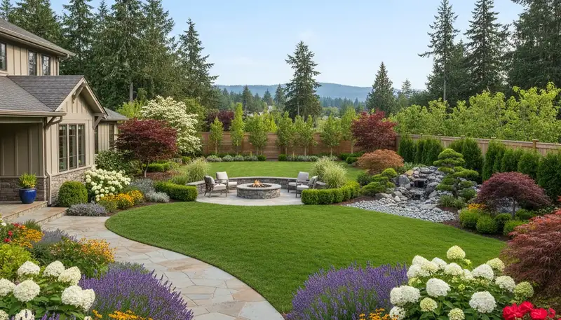 Complete residential landscape transformation with lawn, gardens, and stonework in Bellevue, NE