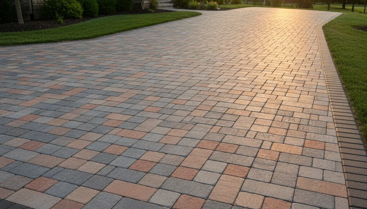 Finished interlocking paver driveway installation by professional landscapers in Bellevue, NE