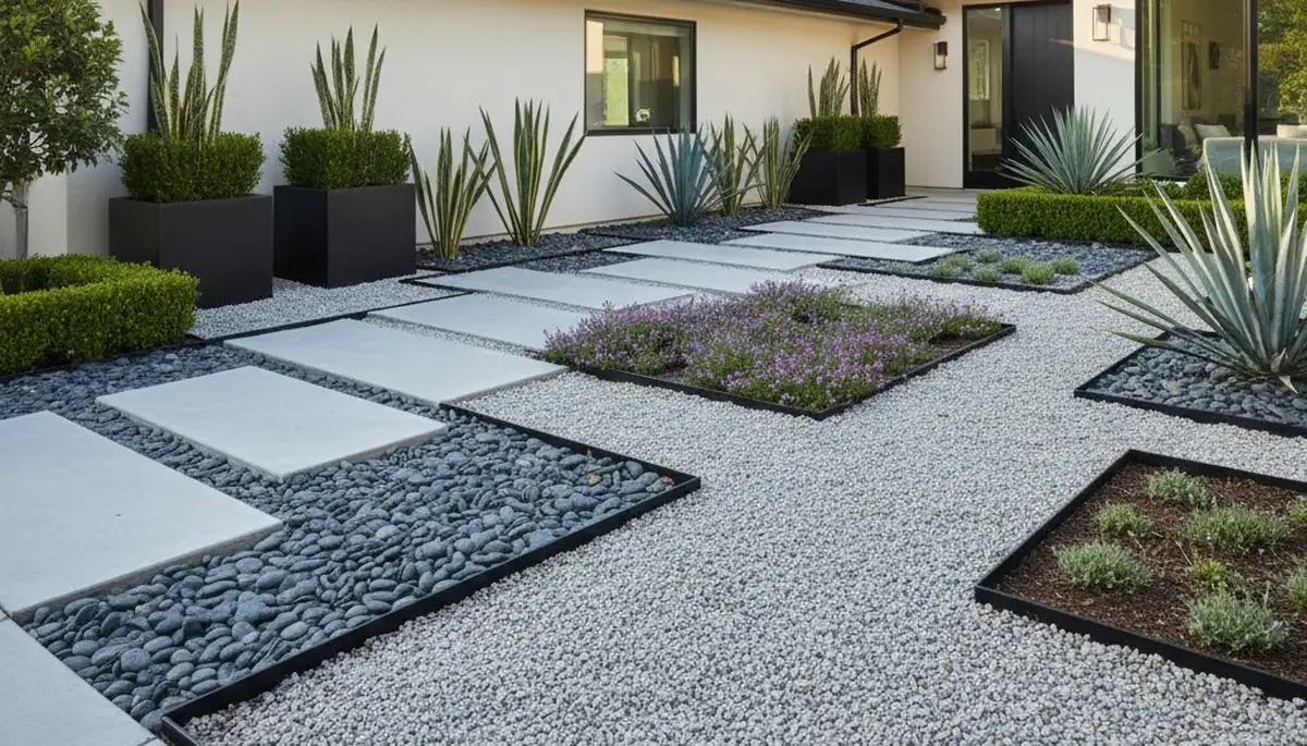 Modern pea gravel landscaping with geometric design and clean lines in Bellevue, NE