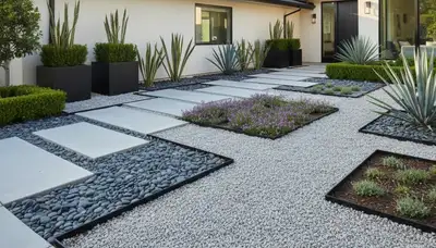 Modern pea gravel landscaping with geometric design and clean lines in Bellevue, NE