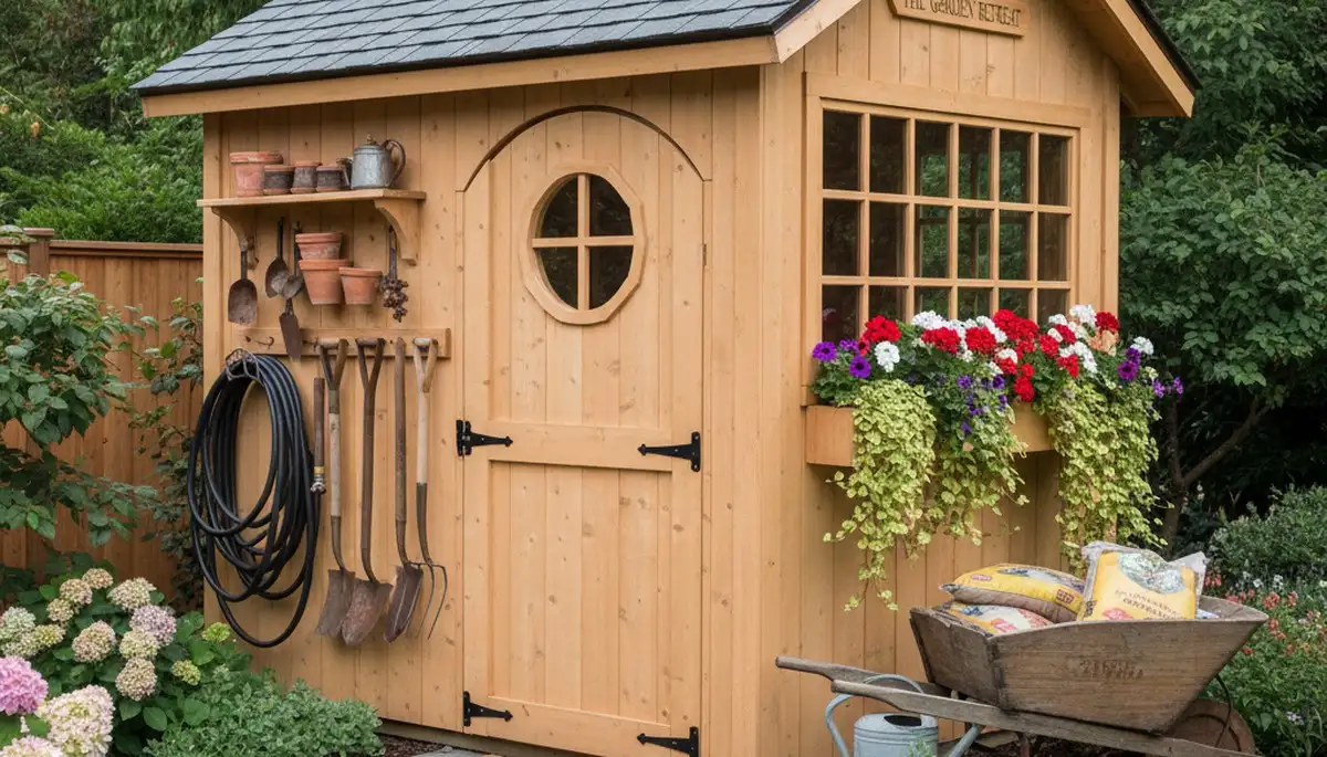 Decorative garden shed with professional landscape design in Bellevue, NE by Chop Chop Landscaping