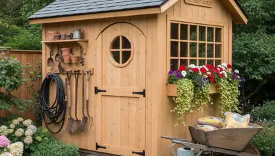 Decorative garden shed with professional landscape design in Bellevue, NE by Chop Chop Landscaping