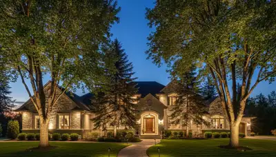 Dramatic tree uplighting installation by Chop Chop Landscaping in Bellevue, NE enhancing evening curb appeal