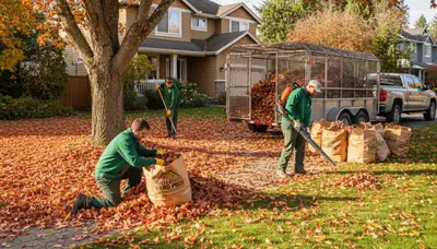 Landscapers raking and bagging fall leaves during yard clean up in Bellevue, NE residential lawn