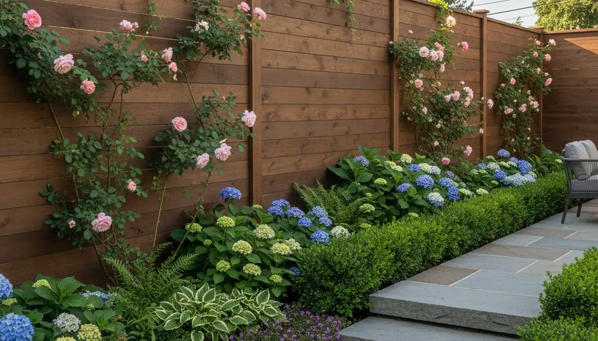 Fence with integrated garden plantings by Chop Chop Landscaping in Bellevue, NE