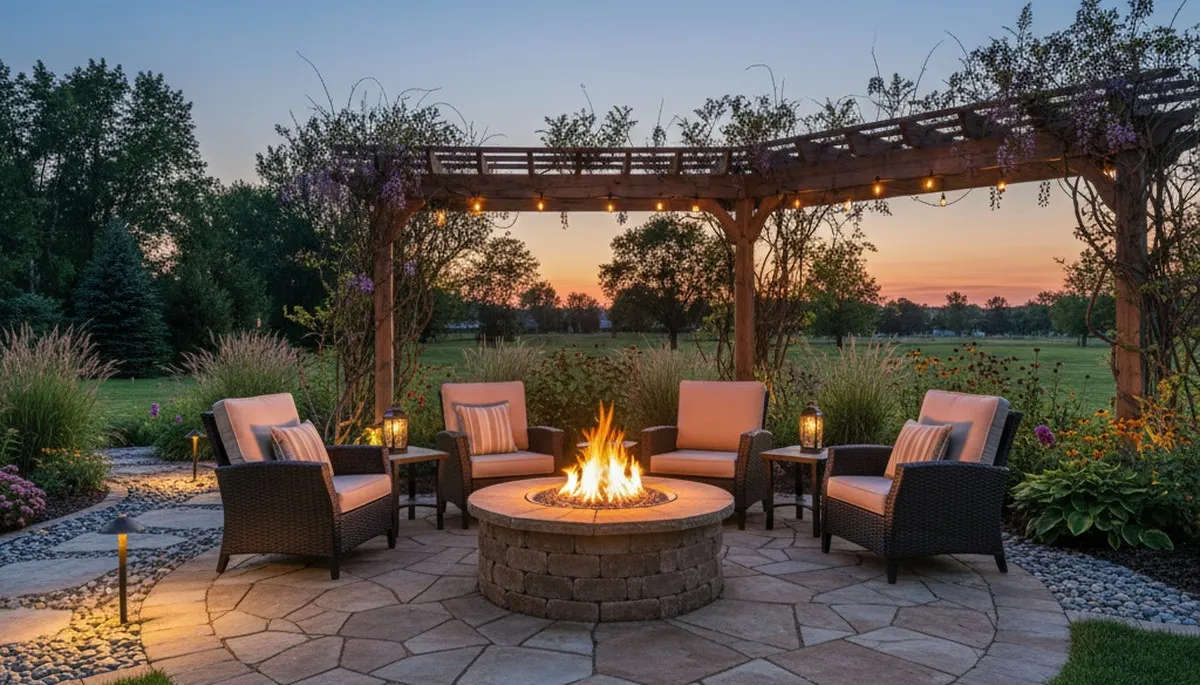 Fire pit patio with seating and landscape lighting in Carter Lake IA by Bellevue NE landscaping experts