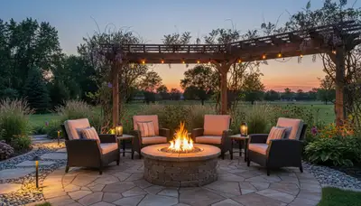 Fire pit patio with seating and landscape lighting in Carter Lake IA by Bellevue NE landscaping experts