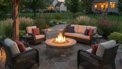 Fire pit patio with flagstone seating and lighting by Bellevue, NE landscaping experts