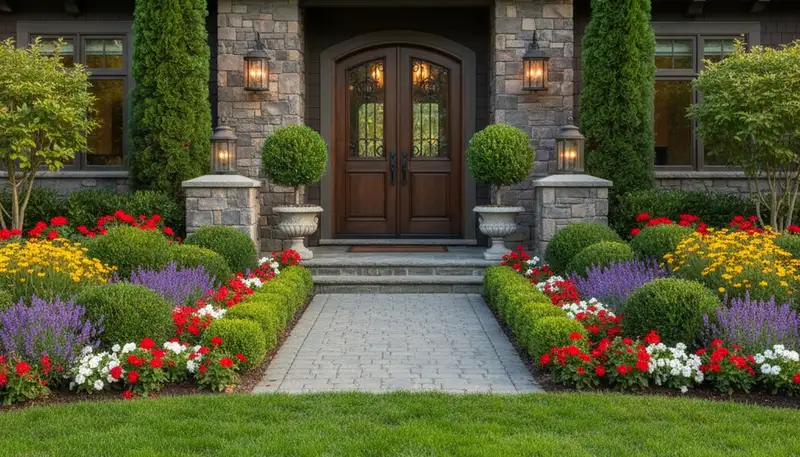 Front yard curb appeal design with colorful plants and trimmed shrubs by landscapers in Bellevue, NE