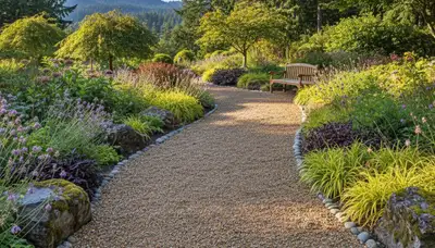 Professional pea gravel garden path installation in Bellevue, NE landscape by Chop Chop Landscaping