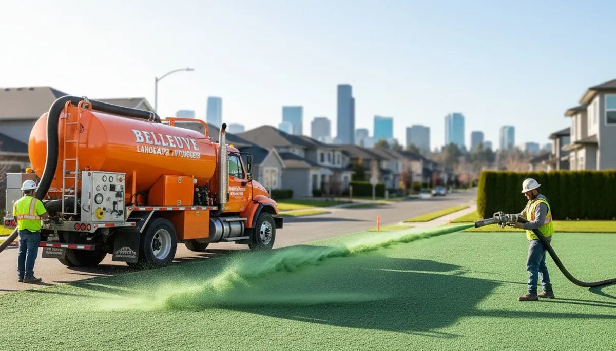 Hydroseeder truck spraying nutrient-rich slurry for lawn hydroseeding in Bellevue, NE landscaping project
