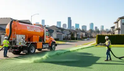 Hydroseeder truck spraying nutrient-rich slurry for lawn hydroseeding in Bellevue, NE landscaping project