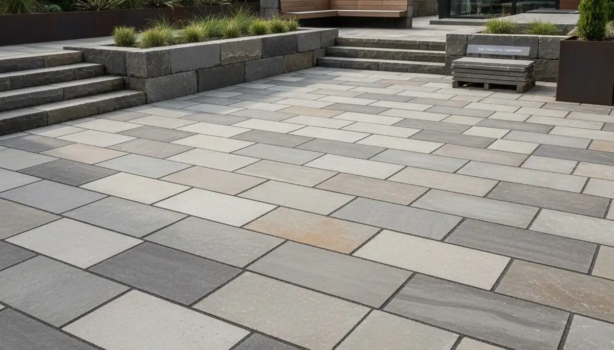 Modern large-format stone pavers installation in Bellevue, NE by professional landscaping experts
