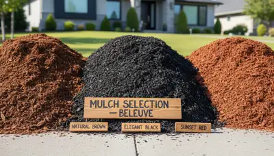 Brown, black, and red mulch variety display for landscaping projects in Bellevue, NE