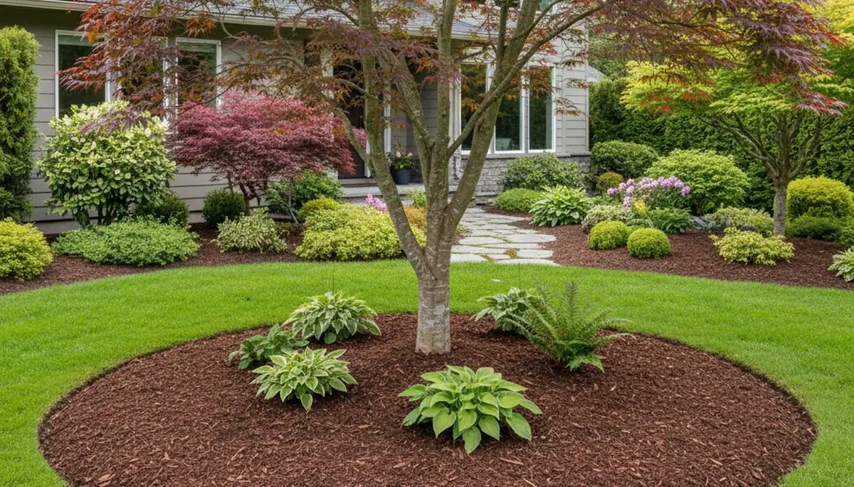 Professional circular mulch ring around tree base in Bellevue, NE by Chop Chop Landscaping