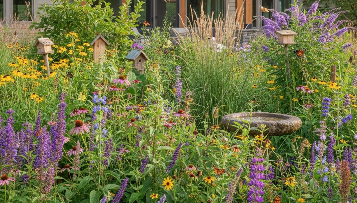 Organic native pollinator garden with bees and butterflies in bloom, Bellevue NE landscaping