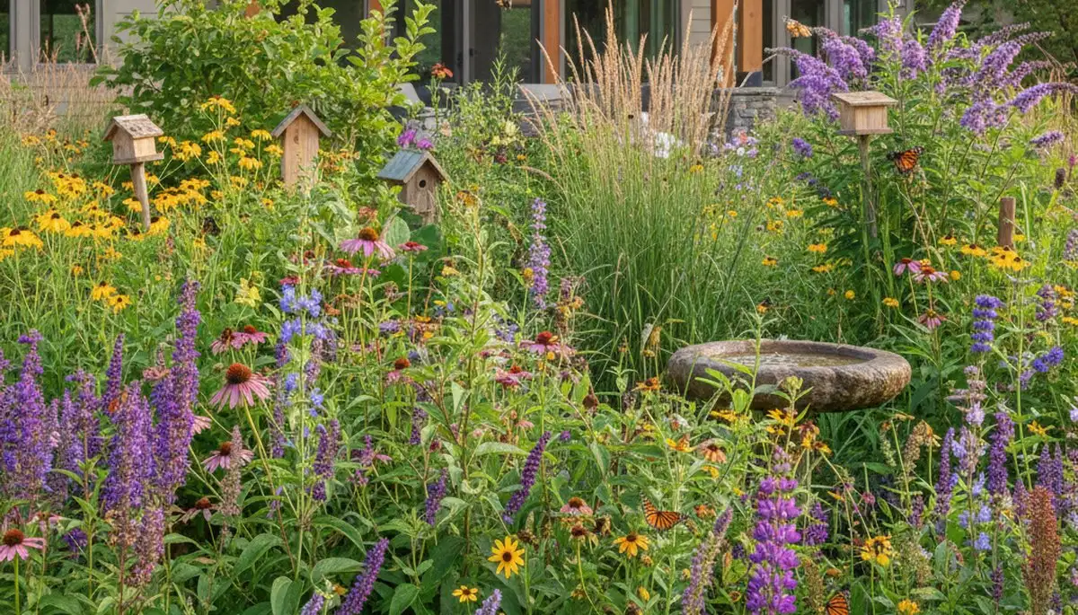 Organic native pollinator garden with bees and butterflies in bloom, Bellevue NE landscaping