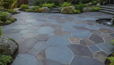 Professional flagstone patio with natural slate pavers in Bellevue, NE by Chop Chop Landscaping