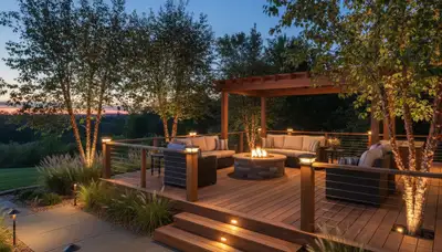 Evening patio with layered landscape lighting and step lights by Chop Chop Landscaping in Bellevue, NE