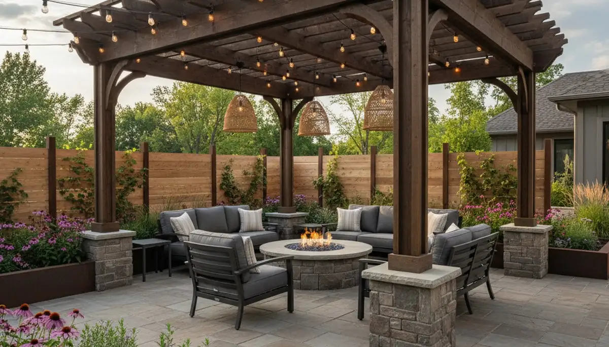 Luxury paver patio with pergola and lighting by Bellevue landscapers in Carter Lake, IA