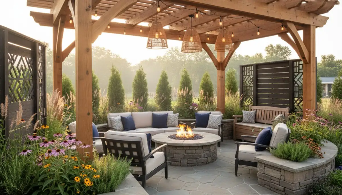 Outdoor living room with interlocking paver patio and pergola in Council Bluffs IA by Bellevue landscapers