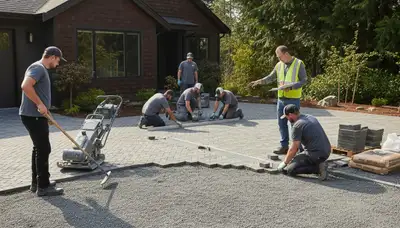 Professional crew installing driveway pavers in Bellevue, NE with precise base prep and leveling