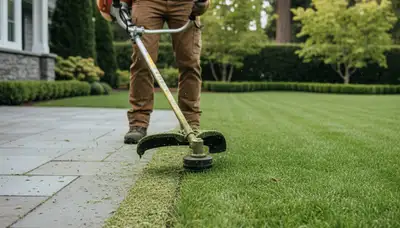 Technician trimming lawn edges for precise finish during lawn maintenance in Bellevue, NE