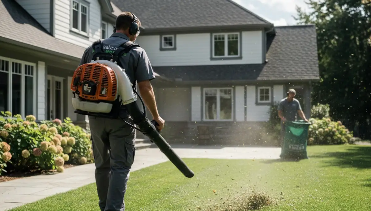 Technician using leaf blower for lawn debris cleanup in Bellevue, NE by Chop Chop Landscaping