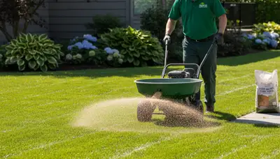Lawn care technician applying fertilizer with spreader on Bellevue NE lawn for Chop Chop Landscaping