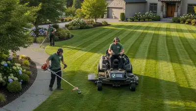 Professional crew mowing and edging residential lawn in Bellevue, NE for full landscaping maintenance