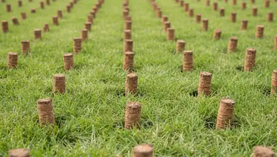 Close-up of soil core plugs after professional lawn aeration in Bellevue, NE by Chop Chop Landscaping