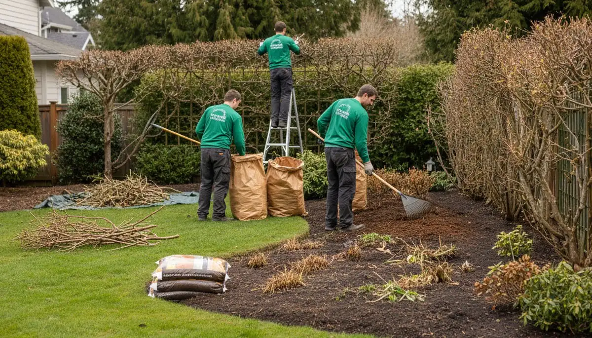 Spring yard cleanup and debris removal by professional landscapers in Bellevue, NE