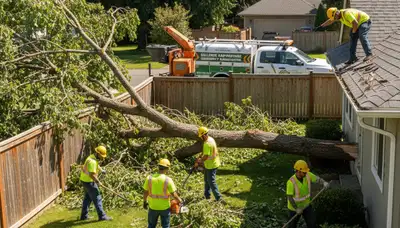 Storm debris and yard cleanup crew restoring a residential lawn in Bellevue, NE after storm damage