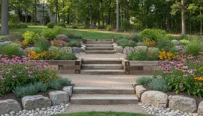 Terraced garden with timber steps and native plants by Bellevue NE landscaping experts