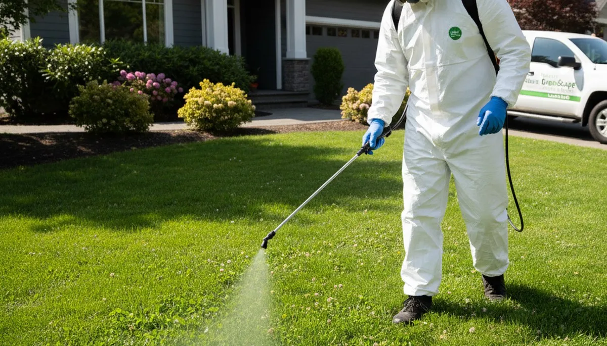Lawn care technician spot-treating weeds on Bellevue NE lawn using pro sprayer and safety gear