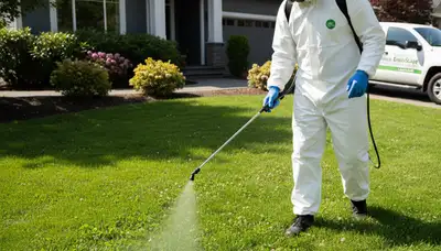 Lawn care technician spot-treating weeds on Bellevue NE lawn using pro sprayer and safety gear