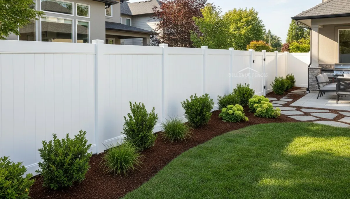 White privacy fence installation with clean landscaping by Chop Chop Landscaping in Bellevue, NE