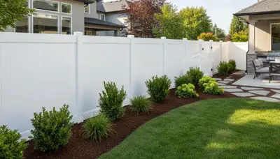 White privacy fence installation with clean landscaping by Chop Chop Landscaping in Bellevue, NE